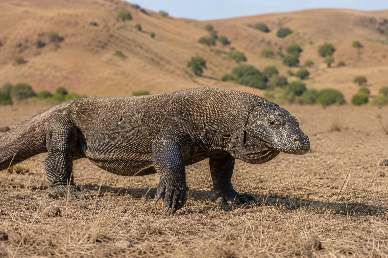 Seekor komodo di sabana kering
