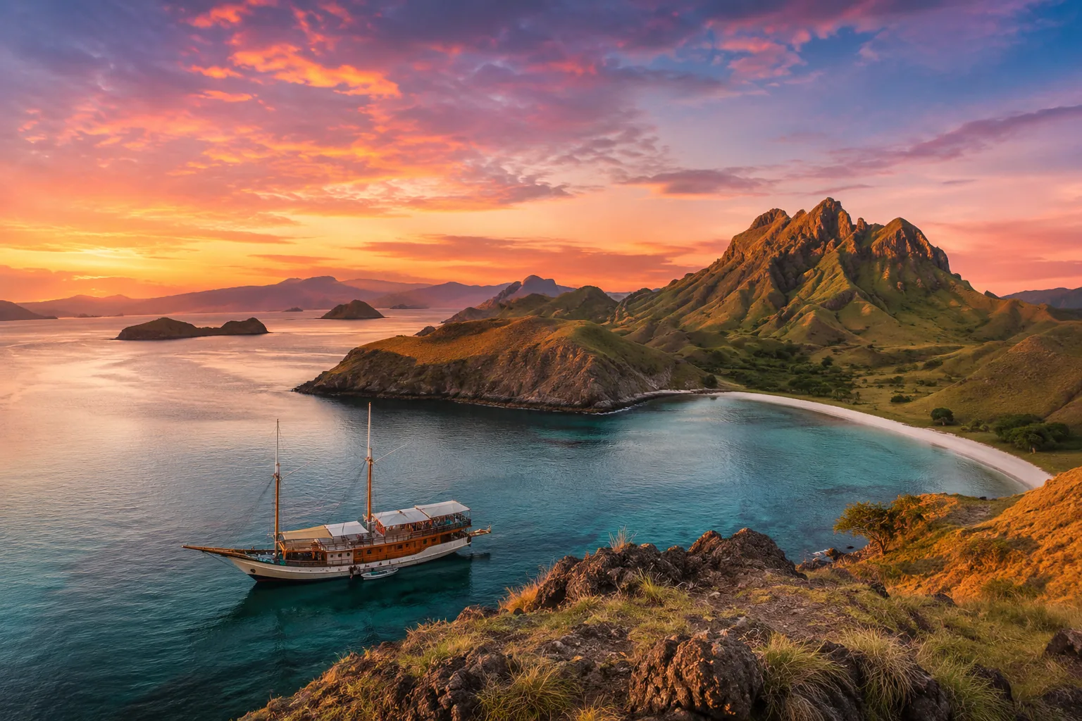 A boat charting a sailing route between the islands