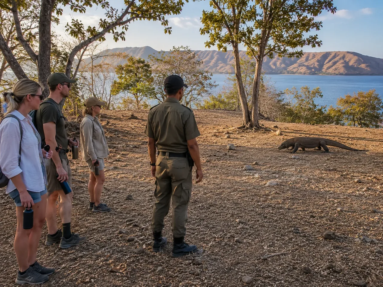 A ranger-guided group keeping a respectful distance from wildlife in the park