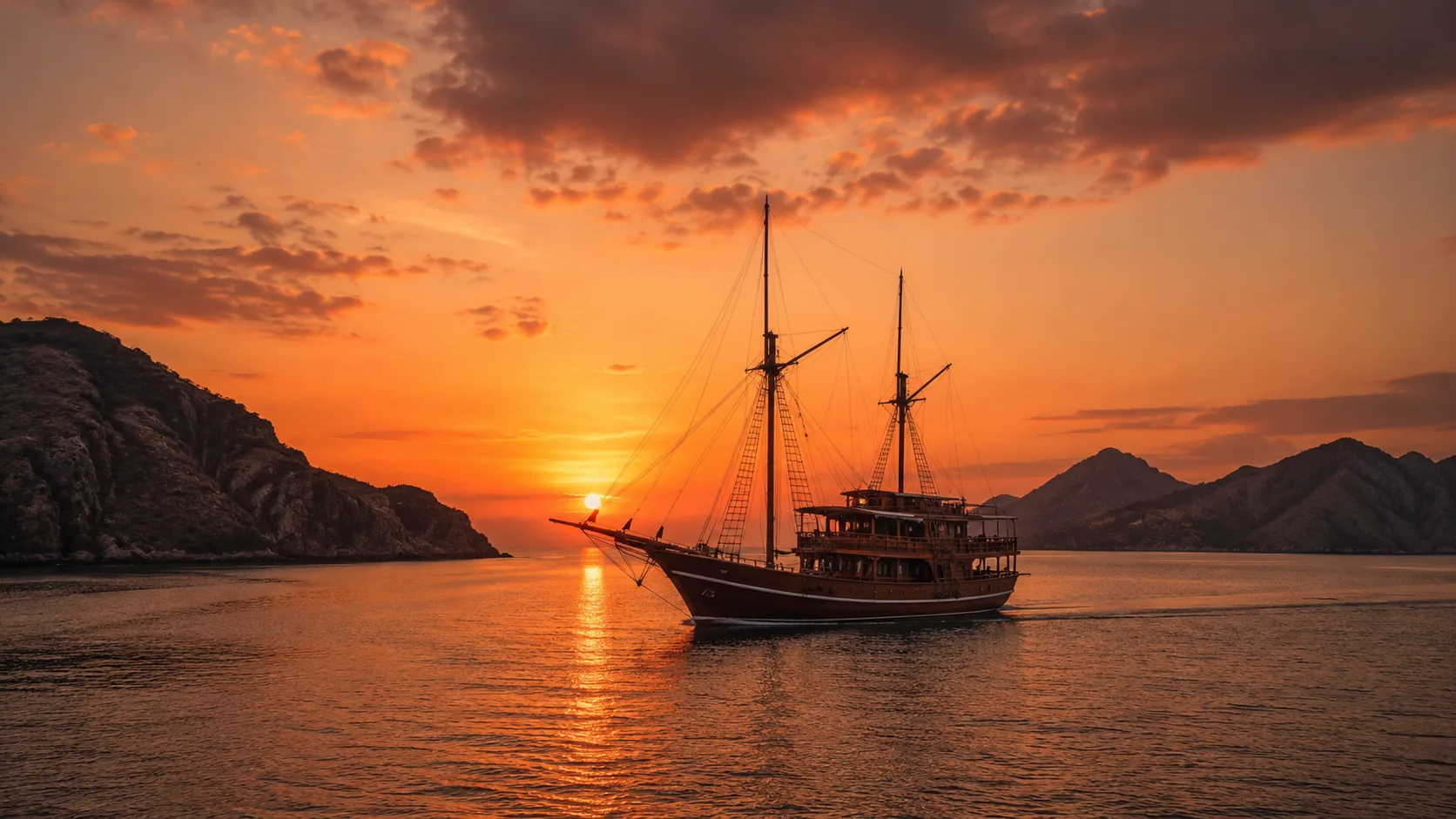 A sailing boat moving through the islands at sunset